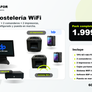 Pack hosteleria WiFi TPV KT-100 FT W con 2 comanderos, 2 impresoras, cajon portamonedas y Software BDP por 1.999 euros