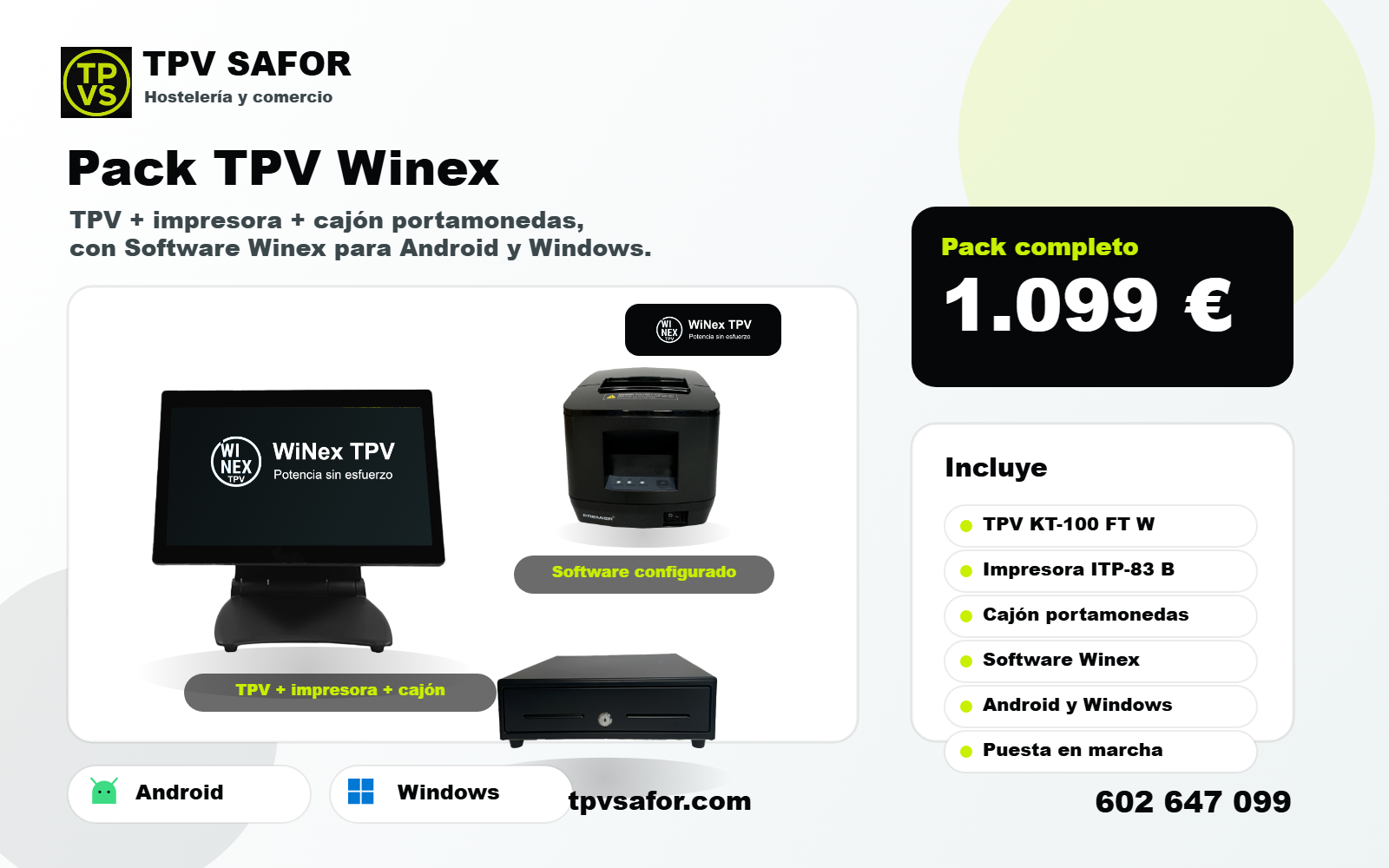 Pack TPV Winex con TPV KT-100 FT W, impresora, cajon portamonedas, Android y Windows por 1.099 euros
